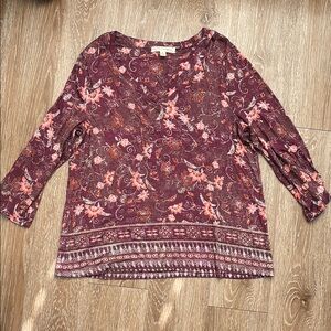 NWOT Farmers Market Floral V-Neck 3/4 Sleeve Top, Large